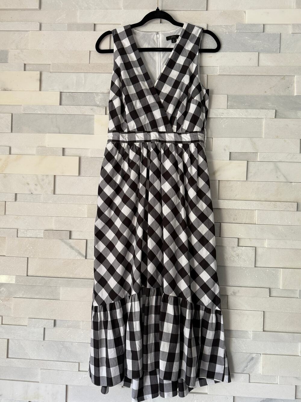 J CREW 100% Cotton Black White Gingham Sleeveless V-neck Midi Dress 6 Preppy